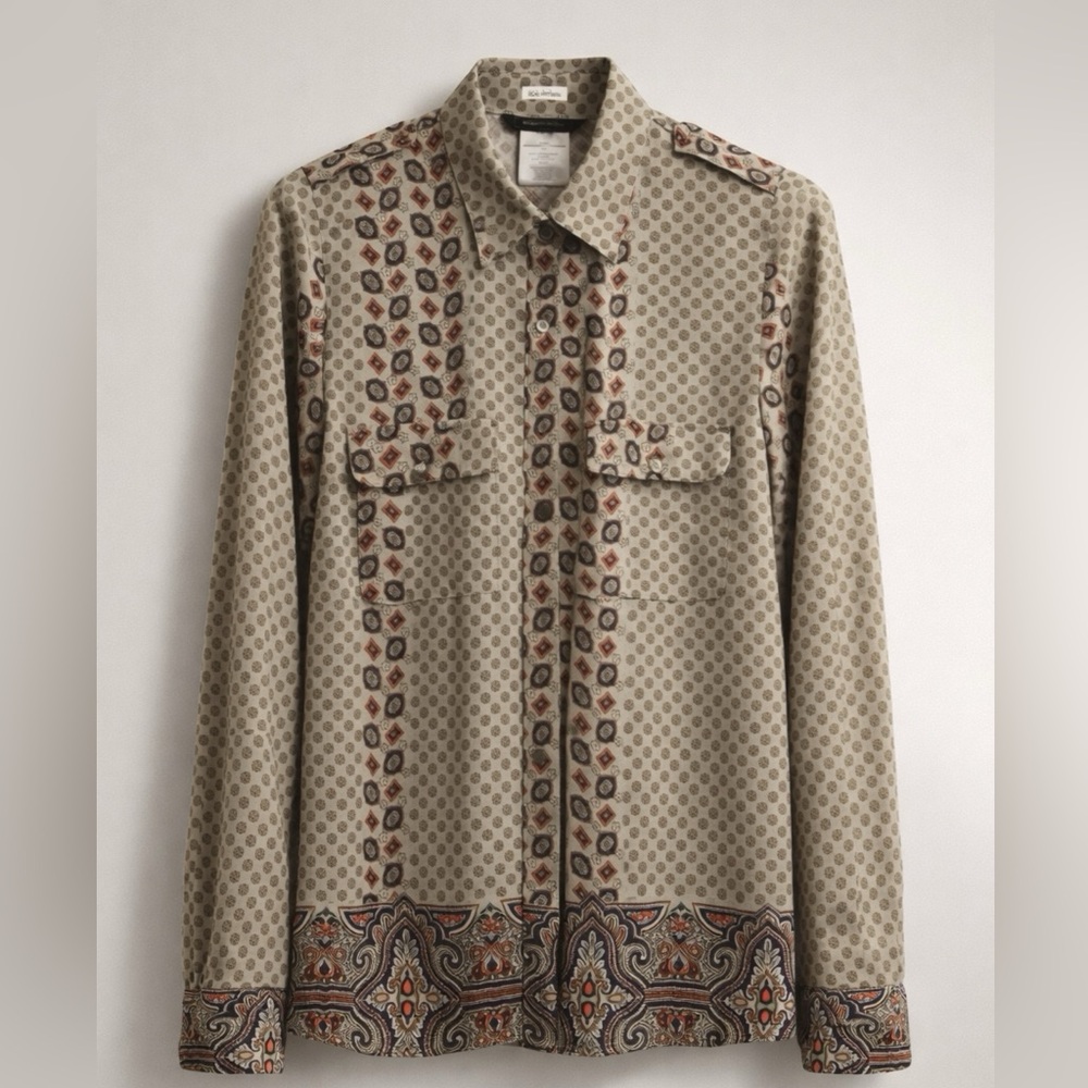 BCBGMaxAzria Women's Beige Patterned Button Down Shirt
